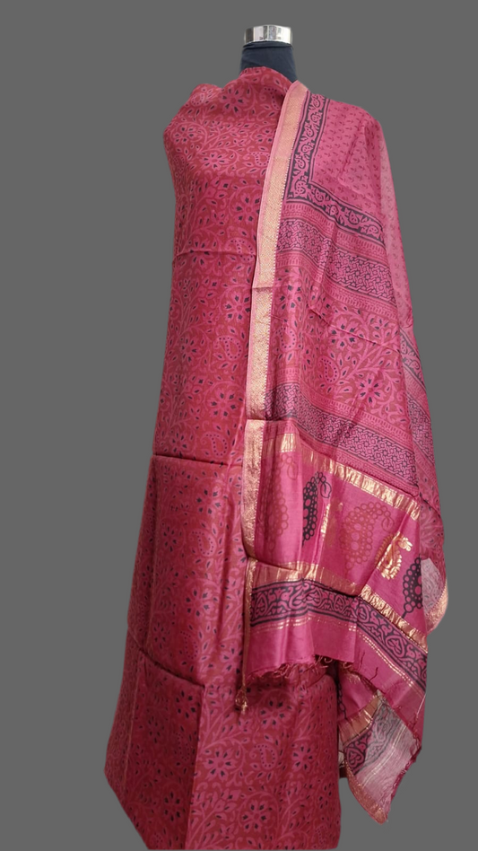 Carrot red - 3pc Chanderi Silk Bagh handblock Dress Material