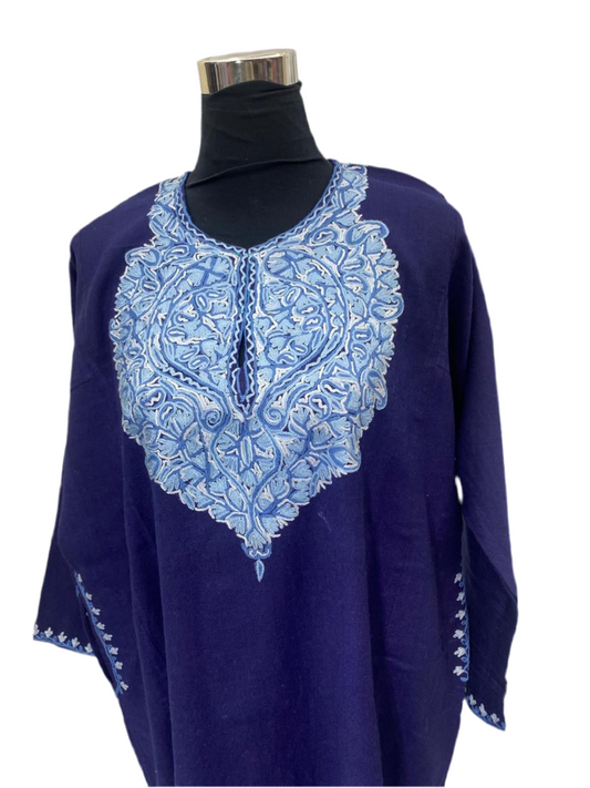 Blue - Aari Embroidery Kashmiri Pure Wool Pheran