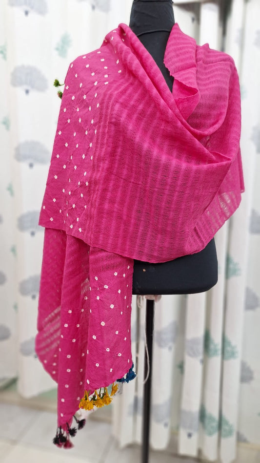 PINK - KUTCH HANDWOVEN BANDHANI BAGIDA PURE MERINO WOOL STOLE