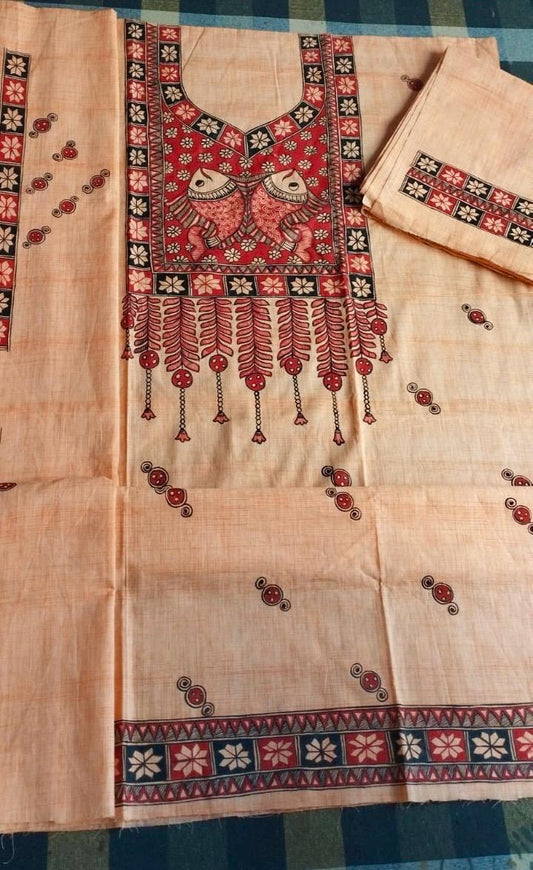 Beige and red 2 pc khadi Madhubani top and bottom