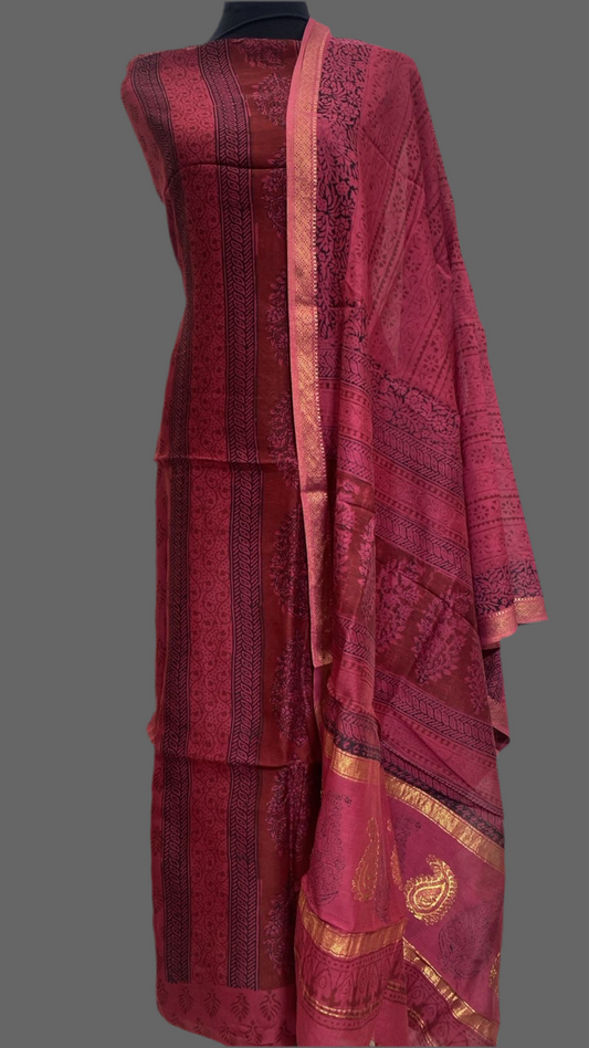 Brick red- 3pc Chanderi Silk Bagh handblock Dress Material