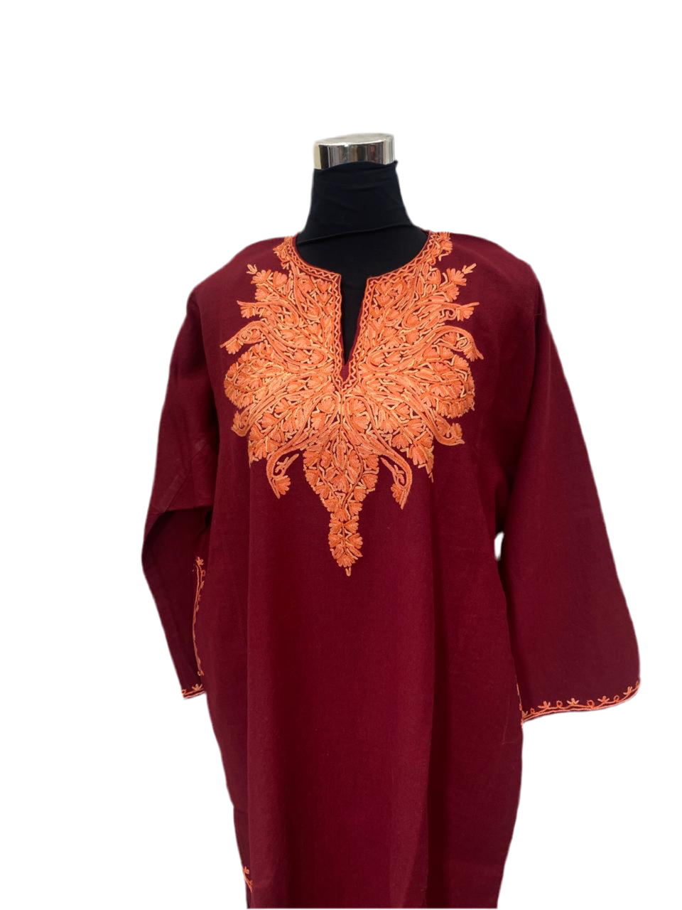 Maroon - Aari Embroidery Kashmiri Pure Wool Pheran