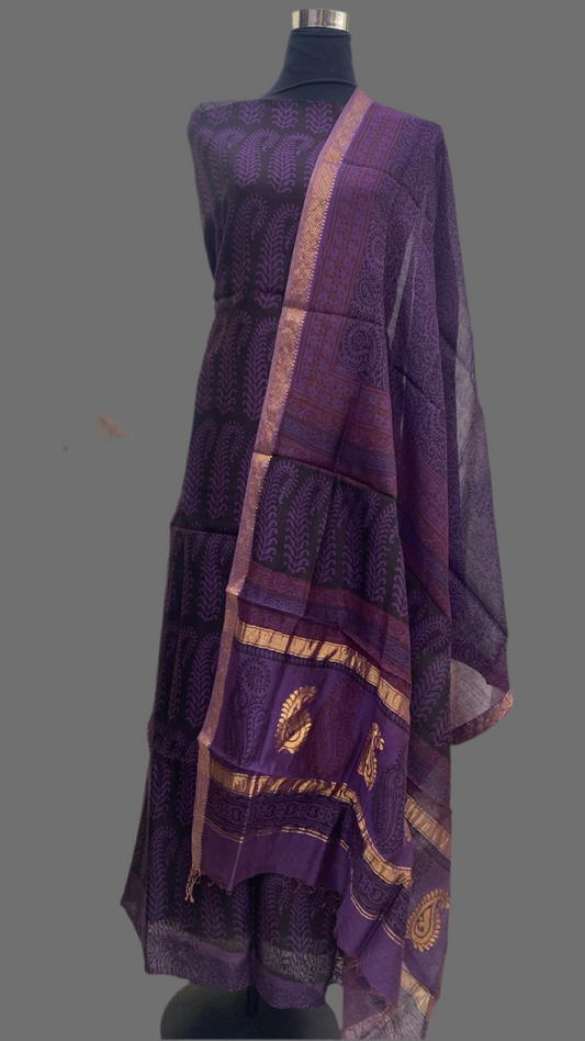 Purple - 3pc Chanderi Silk Bagh handblock Dress Material