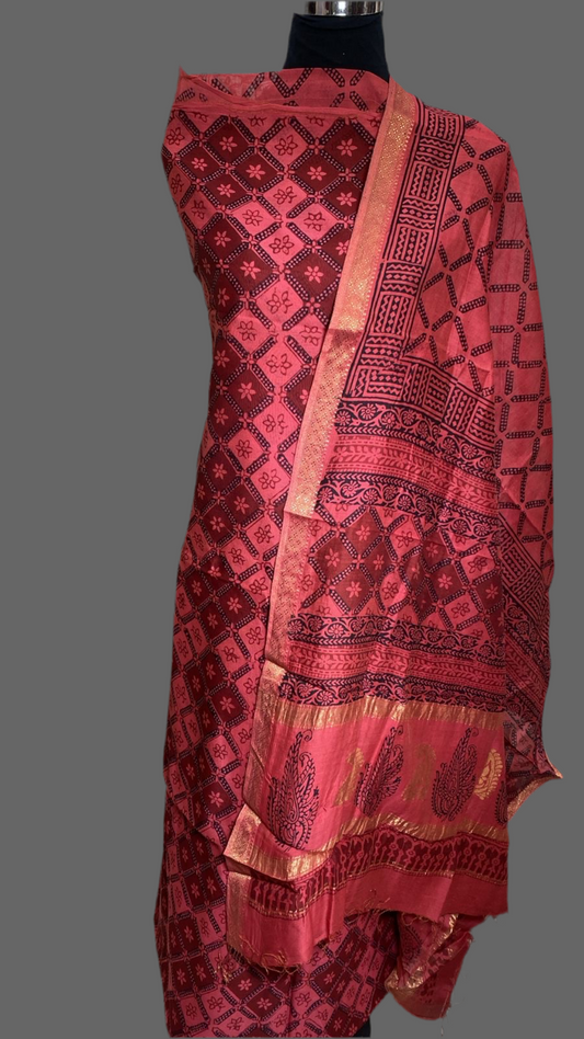 Brick red- 3pc Chanderi Silk Bagh handblock Dress Material