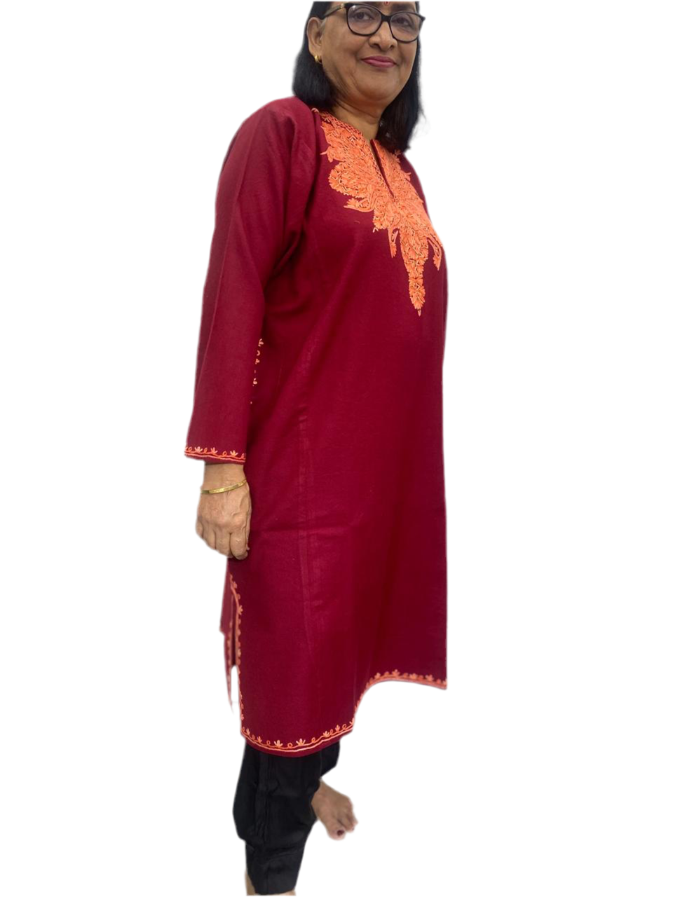 Maroon - Aari Embroidery Kashmiri Pure Wool Pheran