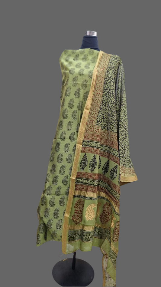 Lime green  - 3pc Chanderi Silk Bagh handblock Dress Material