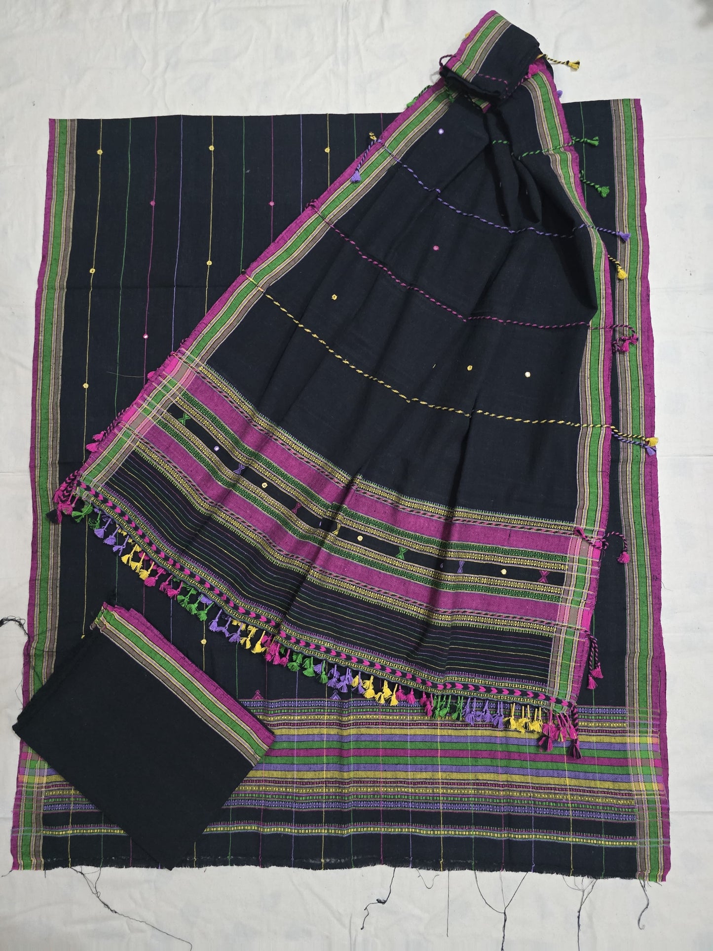 Black- 3PC ORGANIC KALA COTTON PURE HANDLOOM FULL WORK  SUIT MATERIAL SET