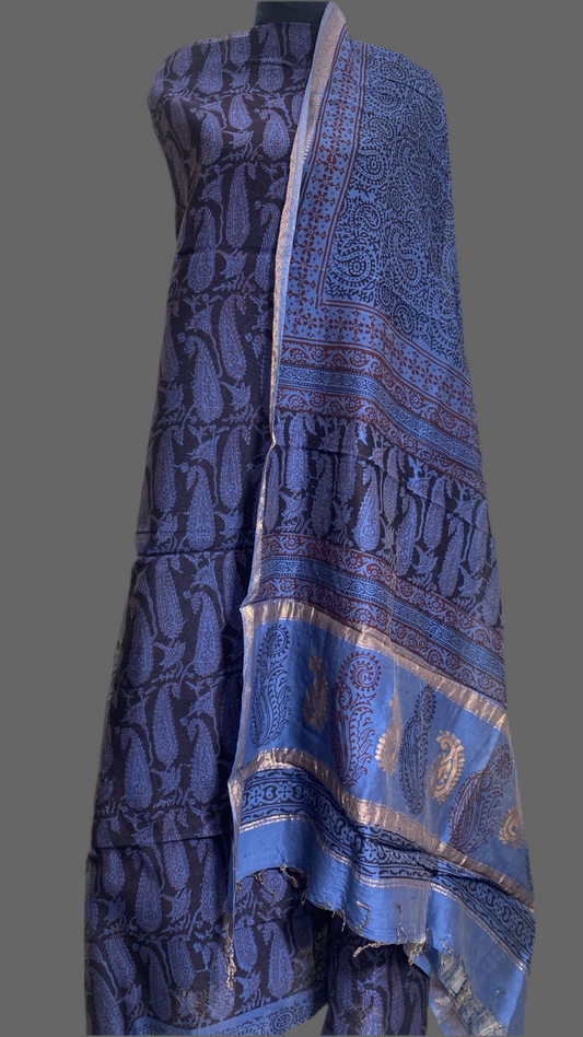 Blue - 3pc Chanderi Silk Bagh handblock Dress Material