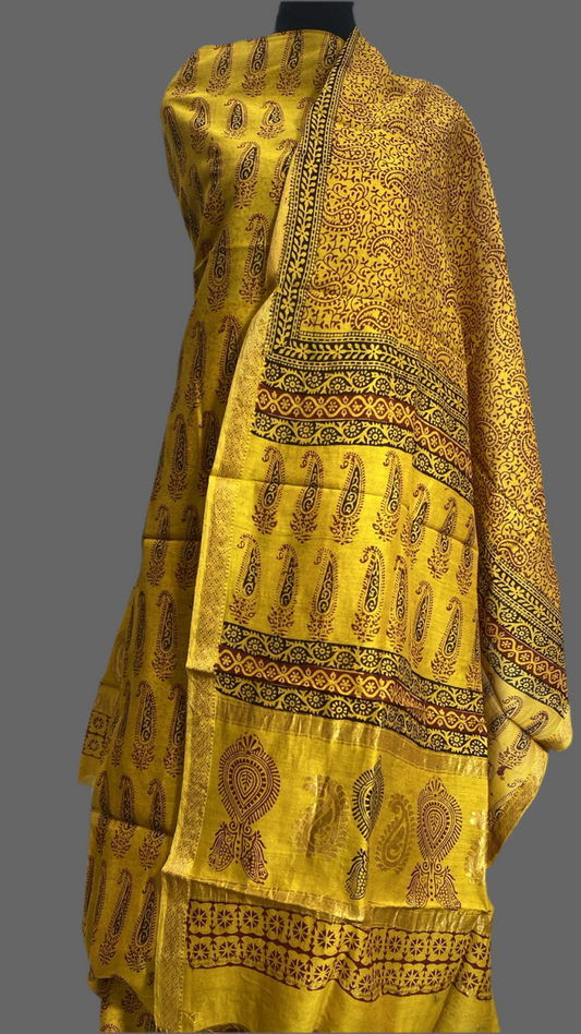 Yellow :3pc Chanderi Silk Bagh handblock Dress Material