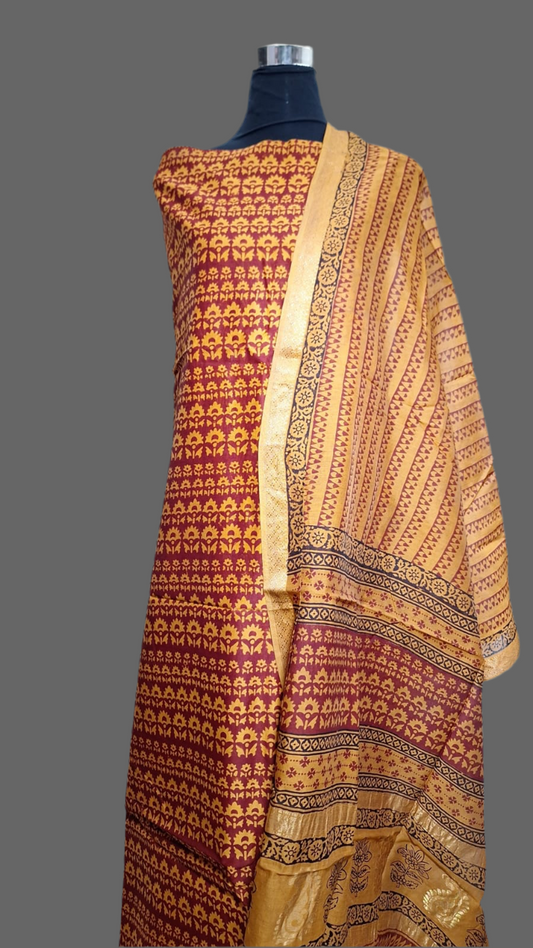 Yellow - 3pc Chanderi Silk Bagh handblock Dress Material