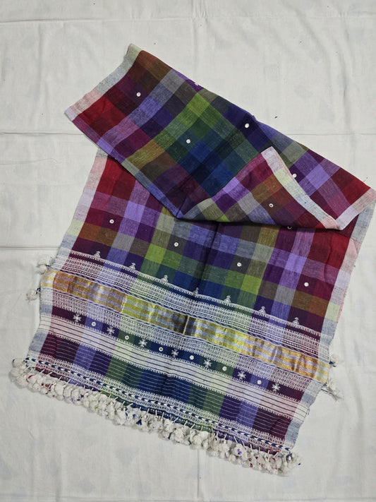 RAINBOW - BHUJODI WEAVING HANDLOOM ORGANIC KALA COTTON STOLE WITH TASSELS