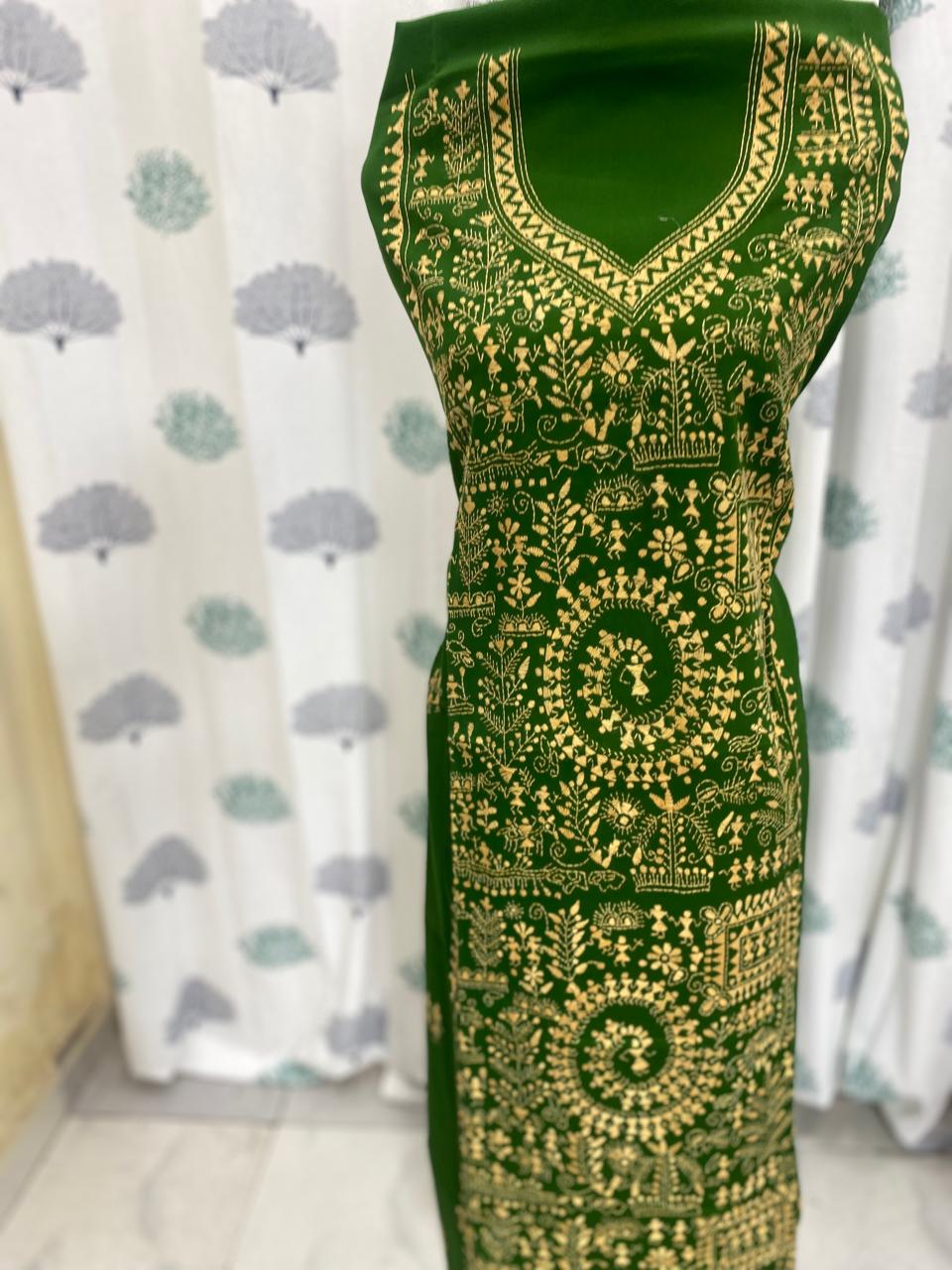 Emerald Green - Bengal Kantha Embroidery Cotton Kurta Material - (2.7m) 43 (Copy) (Copy)