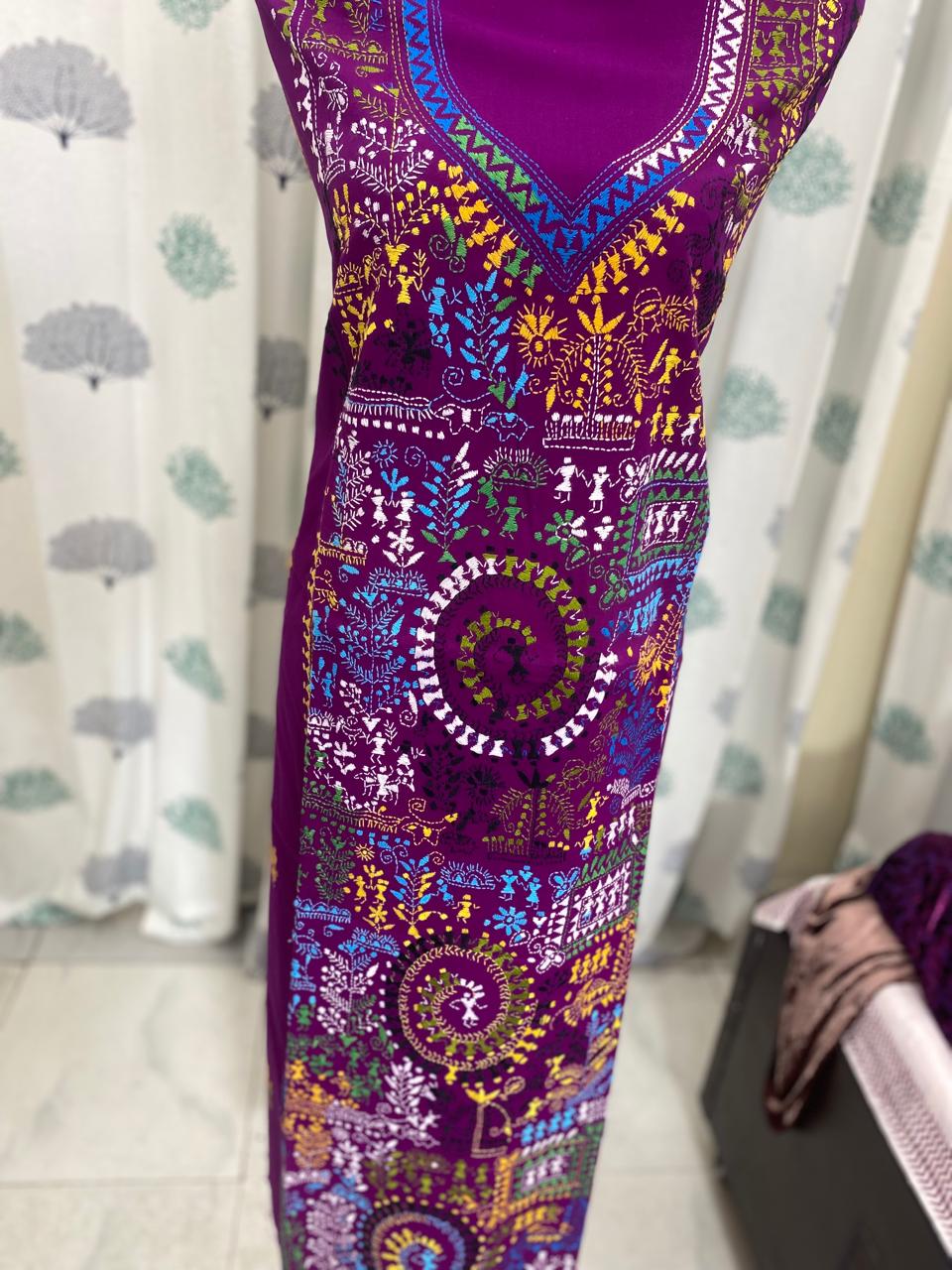 Deep Wine - Bengal Kantha Embroidery Cotton Kurta Material - (2.7m) 43