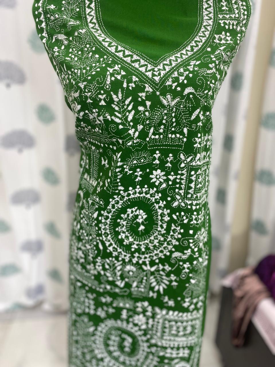 Green - Bengal Kantha Embroidery Cotton Kurta Material - (2.7m) 43