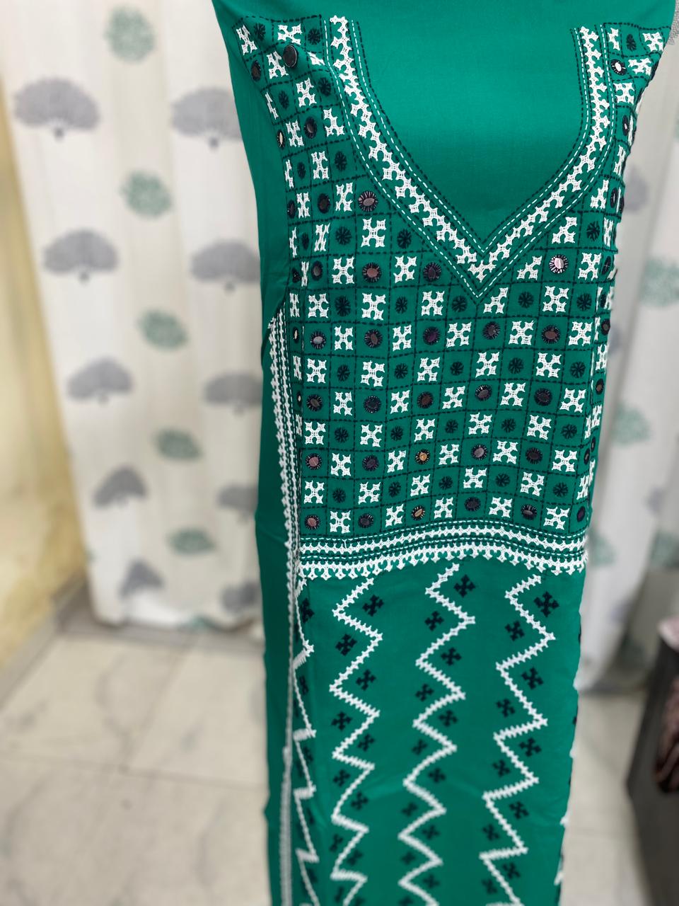 Green - Bengal Sindhi Embroidery Cotton Kurta Material - (2.7m) 43