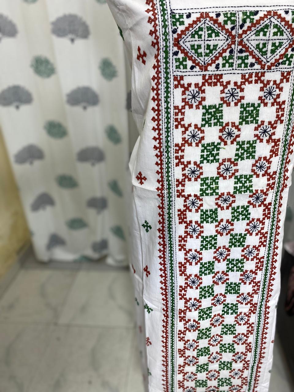 White - Bengal Sindhi Embroidery Cotton Kurta Material - (2.7m) 43