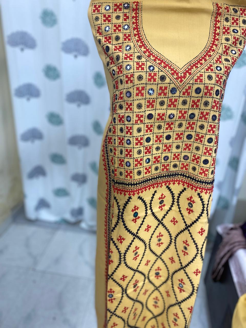 Yellow - Bengal Sindhi Embroidery Cotton Kurta Material - (2.7m) 43