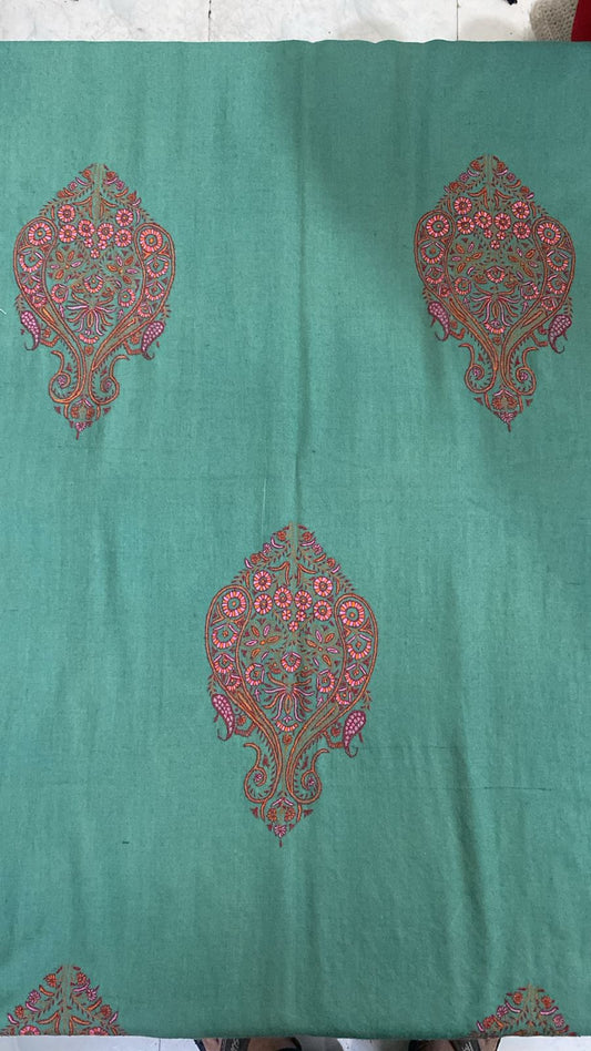 Green -  Pure Pashmina Stole with hand woven kashmiri embroidery