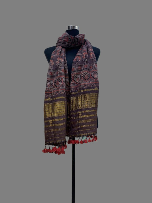 Brown : Ajrakh kala cotton hand block stole with zari weaving