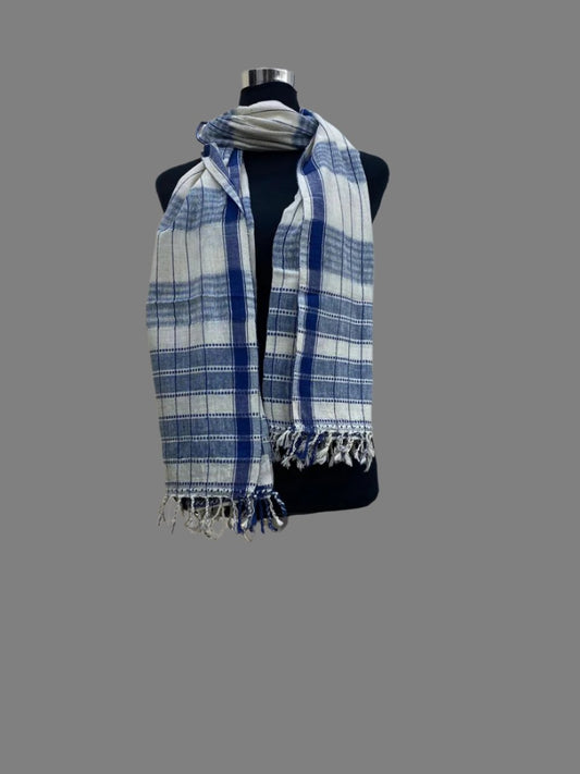 White and blue  : kala cotton stole with bhujodi weaving