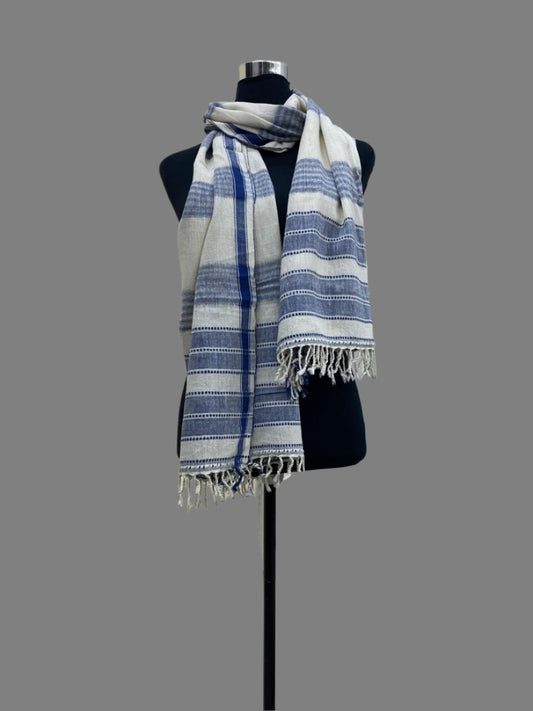 White and blue  : kala cotton stole with bhujodi weaving