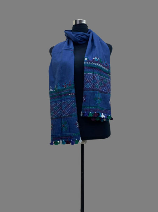 Blue - Handcrafted Lambani Khadi Cotton Stole with Multicolor Embroidery and Mirror Work