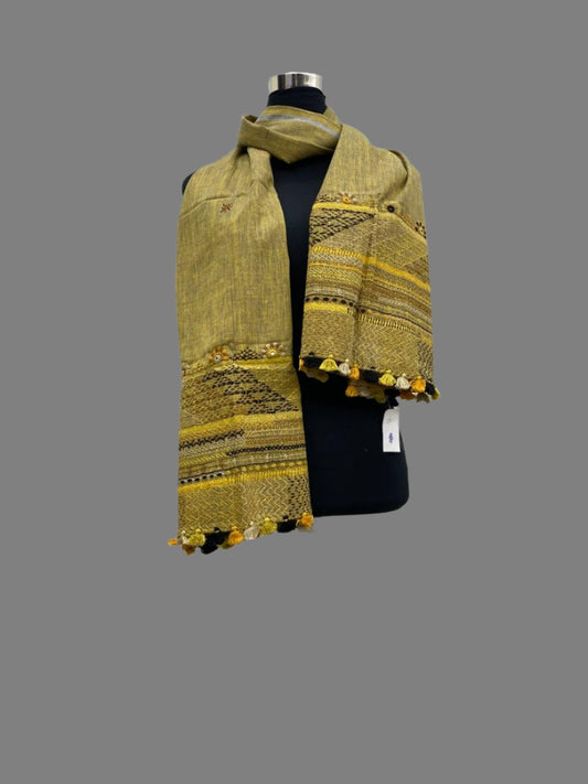 Mustard - Handcrafted Lambani Khadi Cotton Stole with Multicolor Embroidery and Mirror Work