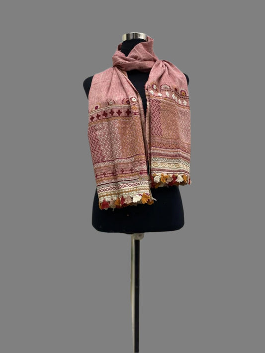 Light Pink  - Handcrafted Lambani Khadi Cotton Stole with Multicolor Embroidery and Mirror Work