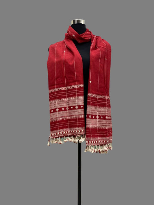 Red Kutch Bhujodi Weaving Handloom Organic Kala Cotton Stole with Tassel