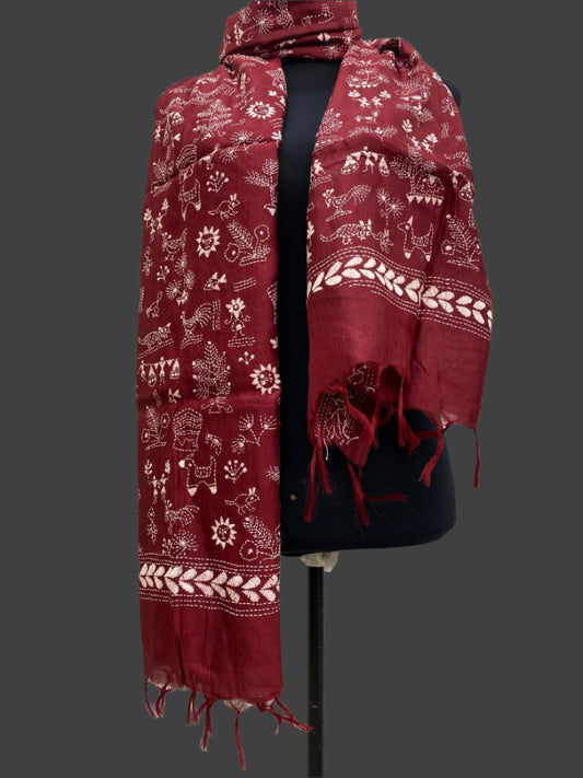 Mehroon - Bengal Kantha Embroidery Handloom Tussar Silk Stole