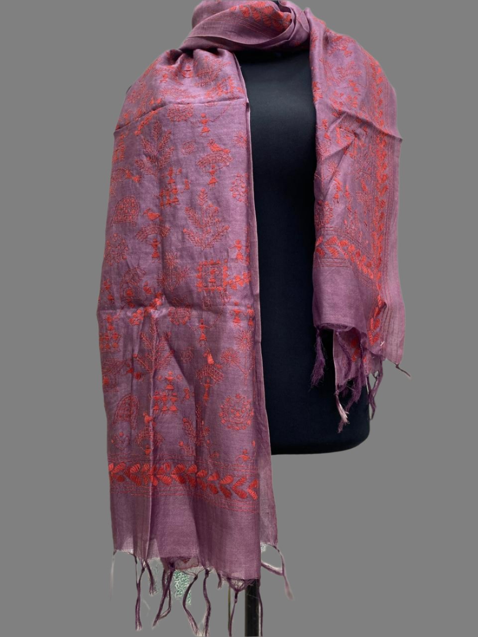 Wine - Bengal Kantha Embroidery Handloom Tussar Silk Stole