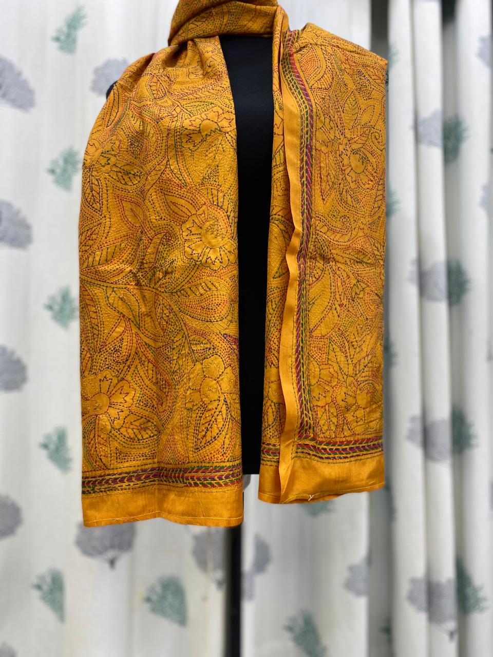 Yellow - Bengal Kantha Embroidery Handloom Tussar Silk Stole