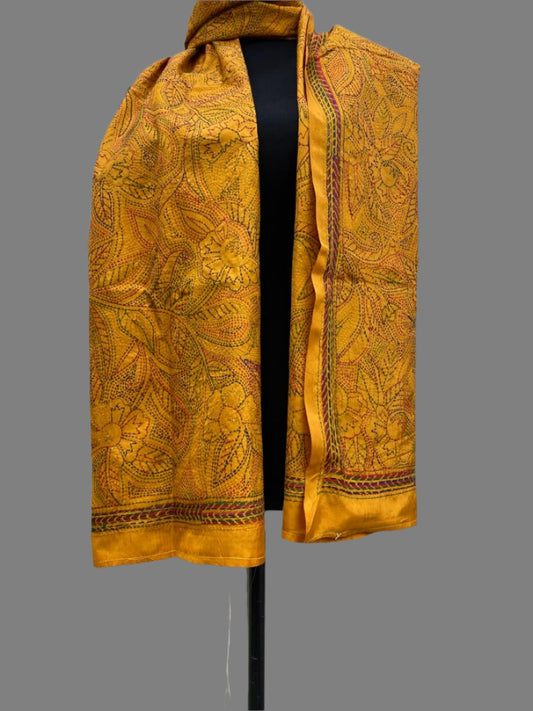 Yellow - Bengal Kantha Embroidery Handloom Tussar Silk Stole