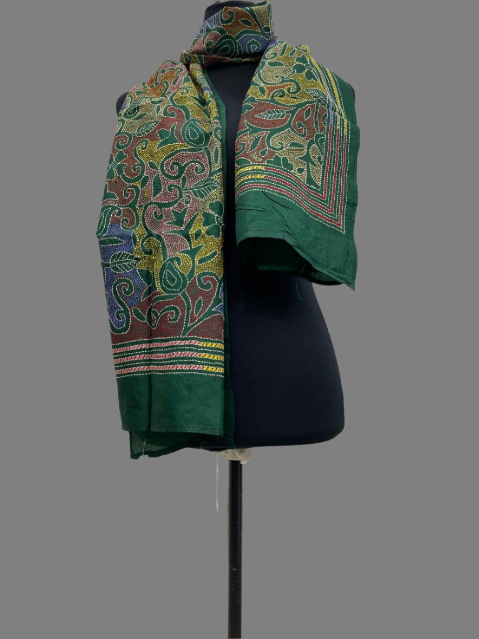 Green  - Bengal Kantha Embroidery Handloom Tussar Silk Stole