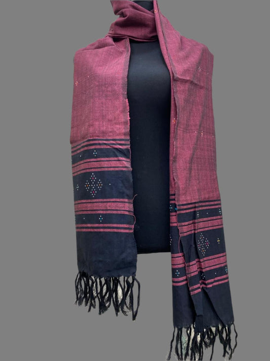 Wine - Tangaliya Handwoven Cotton Stole with Tassels