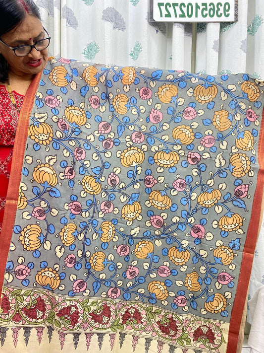 Greyish Blue   - Chennuri Silk Srikalahasti Handpainted Pen Kalamkari Dupatta 12