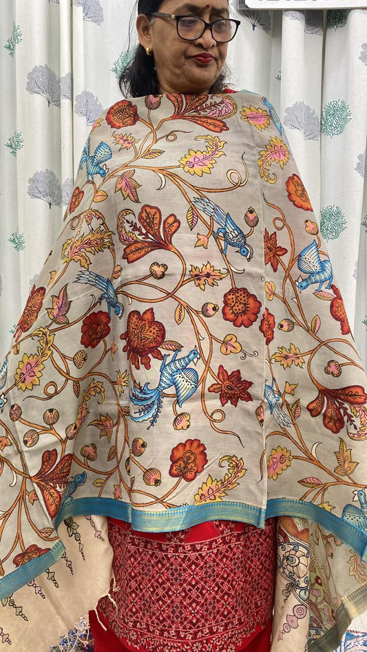 Grey - Chennuri Silk Srikalahasti Handpainted Pen Kalamkari Dupatta 16