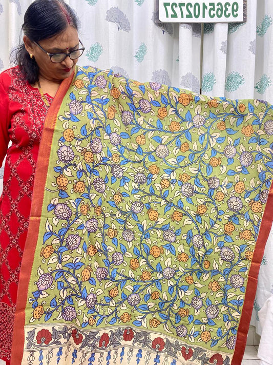 Green - Chennuri Silk Srikalahasti Handpainted Pen Kalamkari Dupatta 15