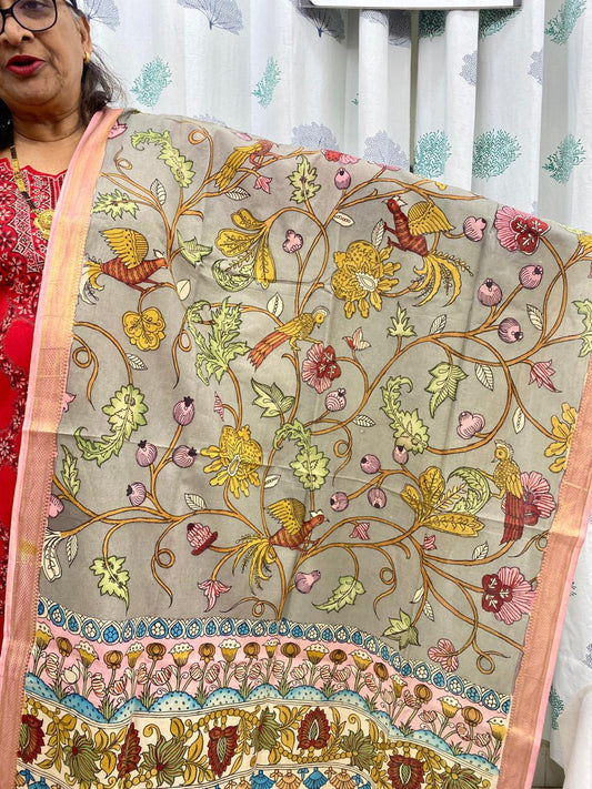 Grey - Chennuri Silk Srikalahasti Handpainted Pen Kalamkari Dupatta 17