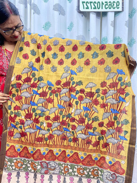 Yellow   - Chennuri Silk Srikalahasti Handpainted Pen Kalamkari Dupatta 13