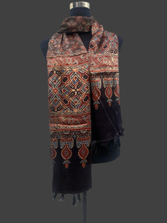 Black- Hand block Mashru Silk Ajrakh Stole 07