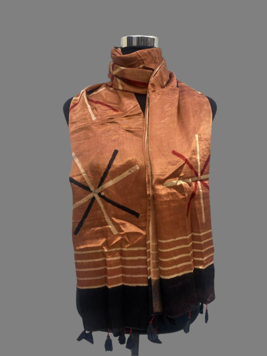 Burnt orange- Hand block Mashru Silk Ajrakh Stole 06