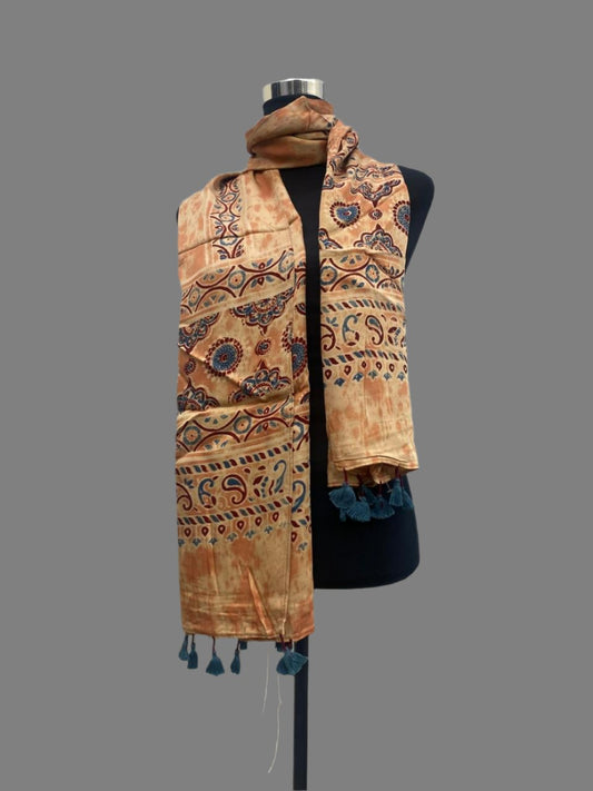 Peach - Ajrakh Block Printed Modal Silk Stole with Tassels 7