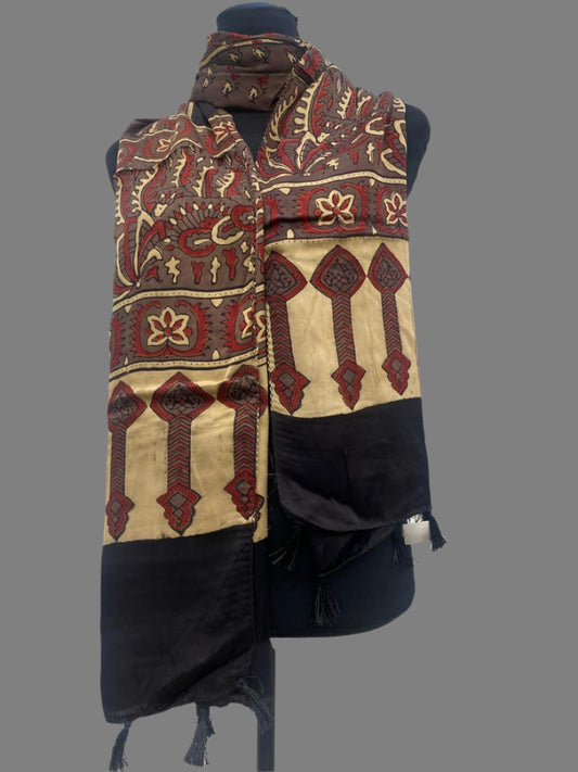 Brown - Ajrakh Block Printed Modal Silk Stole with Tassels 6