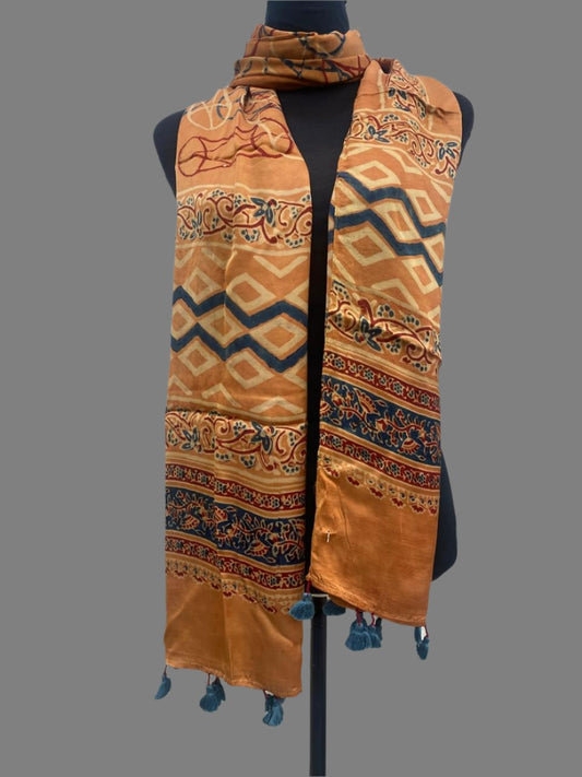 Peach - Ajrakh Block Printed Modal Silk Stole with Tassels 5