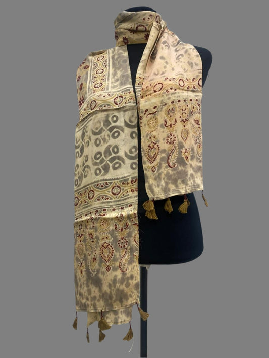 Ivory - Ajrakh Block Printed Modal Silk Stole with Tassels 4