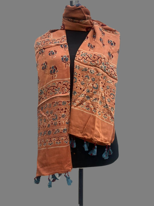 Peach - Ajrakh Block Printed Modal Silk Stole with Tassels 3