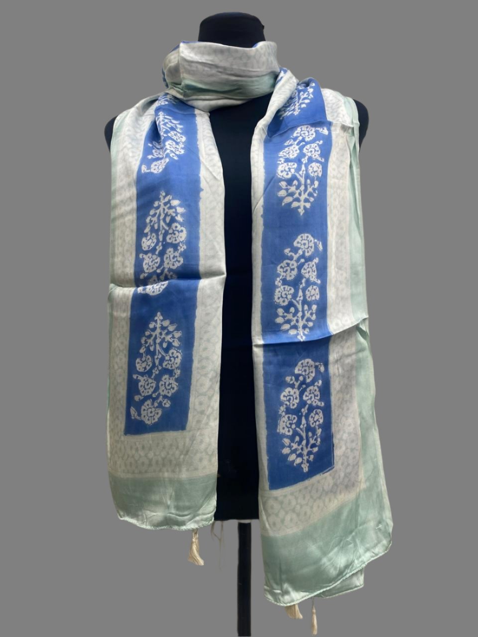 Blue - Bagh Hand Block Modal Silk  Stole 7