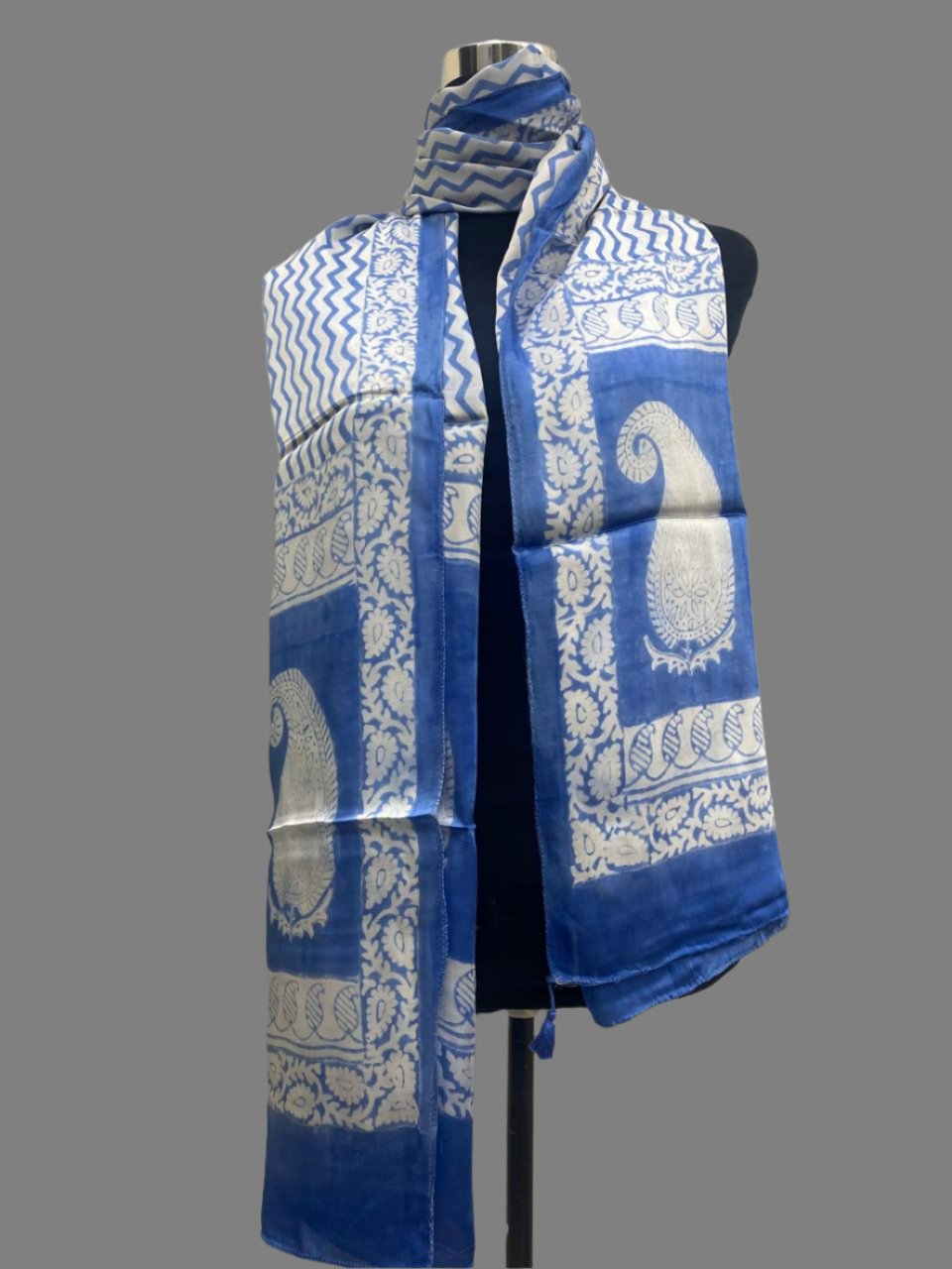 Blue - Bagh Hand Block Modal Silk  Stole 5