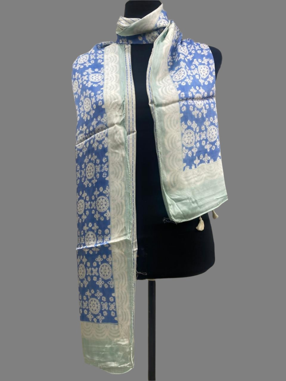 Indigo Blue and Green - Bagh Hand Block Modal Silk  Stole